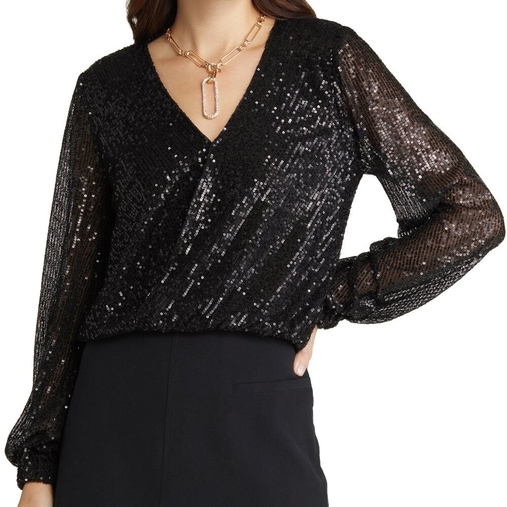 NWT Open Edit Sequin Wrap Top, Black, XS